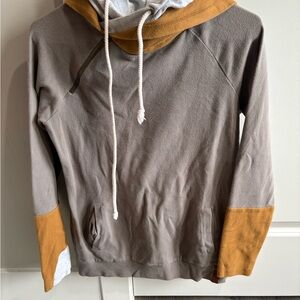 AMPERSAND AVE Gray and Tan Hooded Sweatshirt